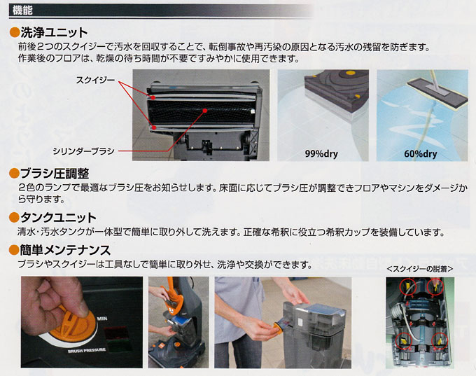 アップライト型自動床洗浄機スウィンゴ150機能